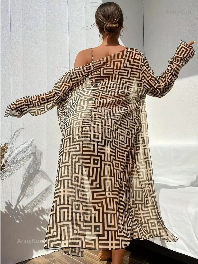 Vibecurve® Three-Piece Set Women's Geometric PrintDrawstring Swimsuit Set