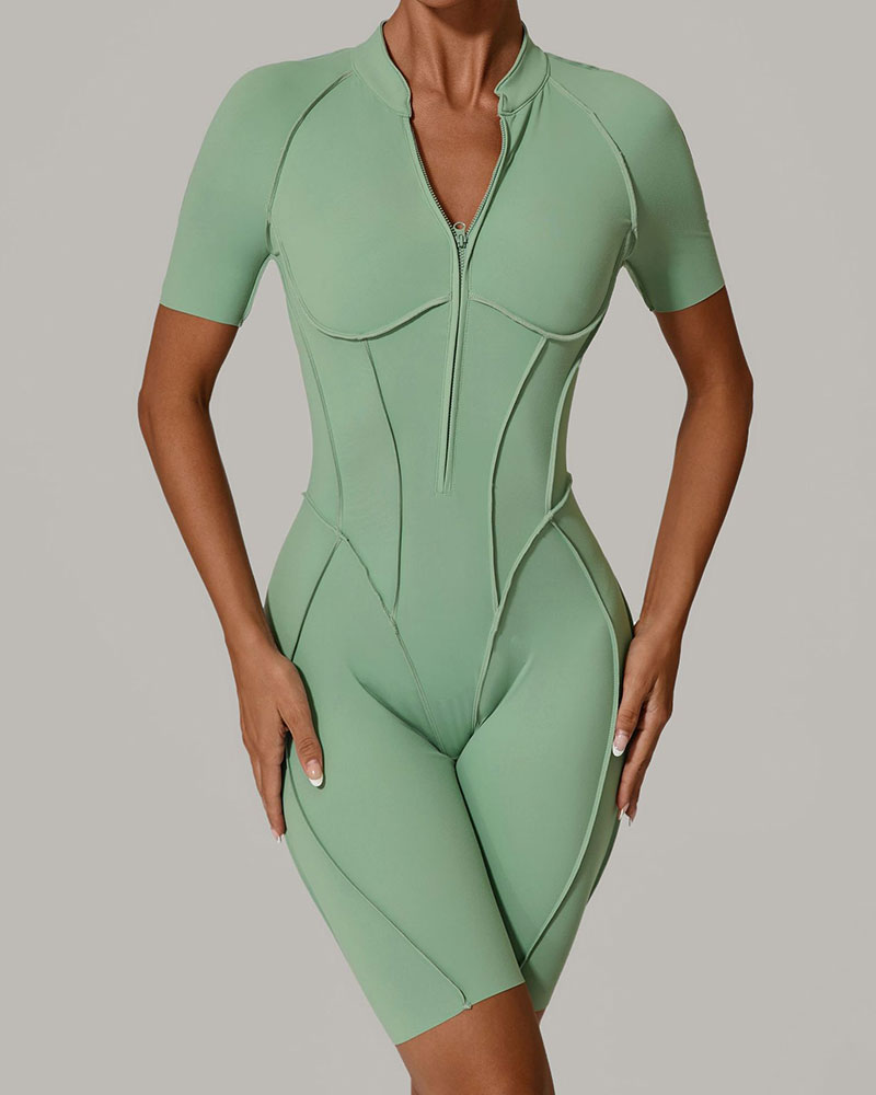 Vibecurve®Zippered short-sleeved outerwear fitness yoga jumpsuit
