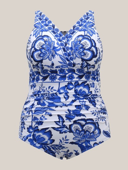 Vibecurve® Two-Piece Floral Print Ruched Mesh Swimsuit, Sarong