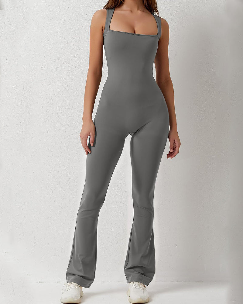 Vibecurve® Women's Sleeveless Sexy Square Neck Jumpsuit Stretch Flare Leggings Romper
