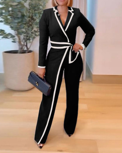 Vibecurve® Contrast Paneled Notched Collar Padded shoulders Work Jumpsuit