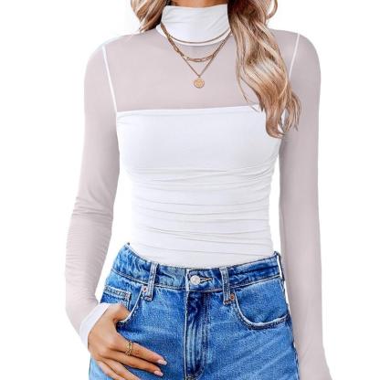 Vibecurve® Long Sleeve Bodysuit Turtle Neck Ruched Mesh Shapewear