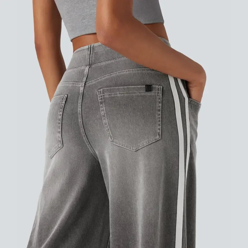 Vibecurve® High Waisted Stripe Wide Leg Flowy Washed Casual Jeans with Pockets