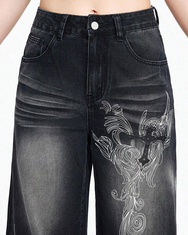 Vibecurve® Grunge Punk Women's Loose Fit Cross Patterned Pocket Flared Casual Jeans