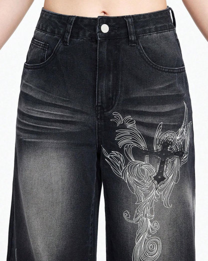 Vibecurve® Grunge Punk Women's Loose Fit Cross Patterned Pocket Flared Casual Jeans