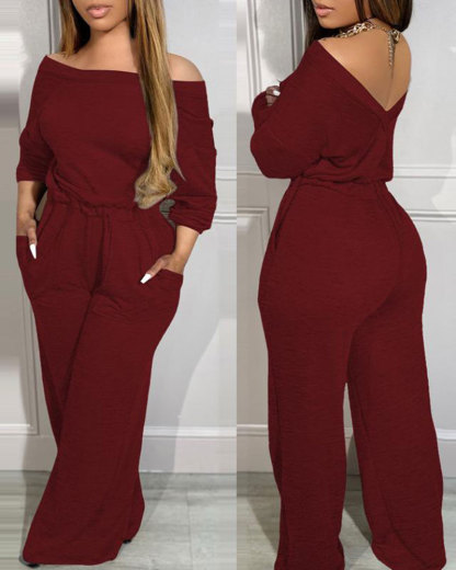 Vibecurve® Off Shoulder V-Back Stretchy Waist Pocket Design Jumpsuit