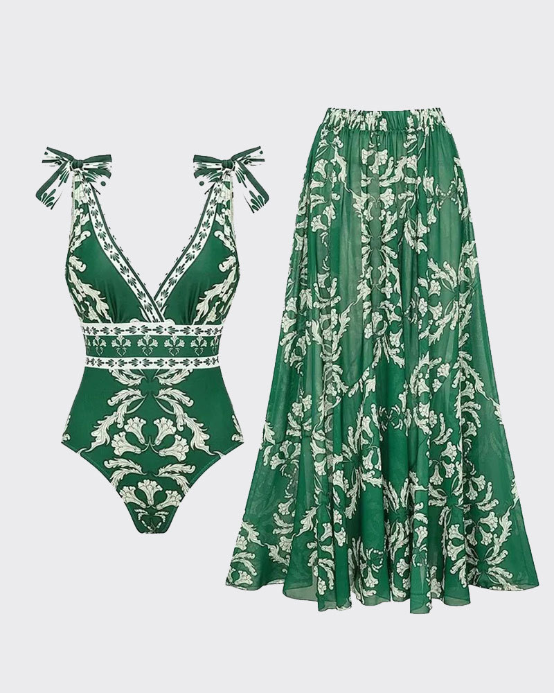 Vibecurve® V Neck Lace Up Printed One Piece Swimsuit and Skirt