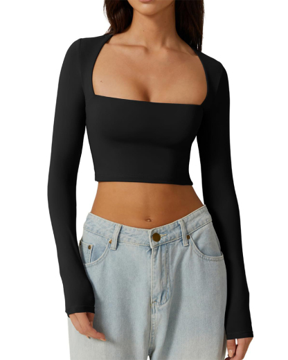 Vibecurve® Women's Sexy Square Neck Cropped Tops Long Sleeve Slim Fit Cropped T-Shirt