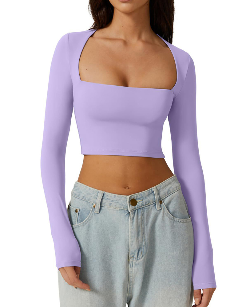 Vibecurve® Women's Sexy Square Neck Cropped Tops Long Sleeve Slim Fit Cropped T-Shirt