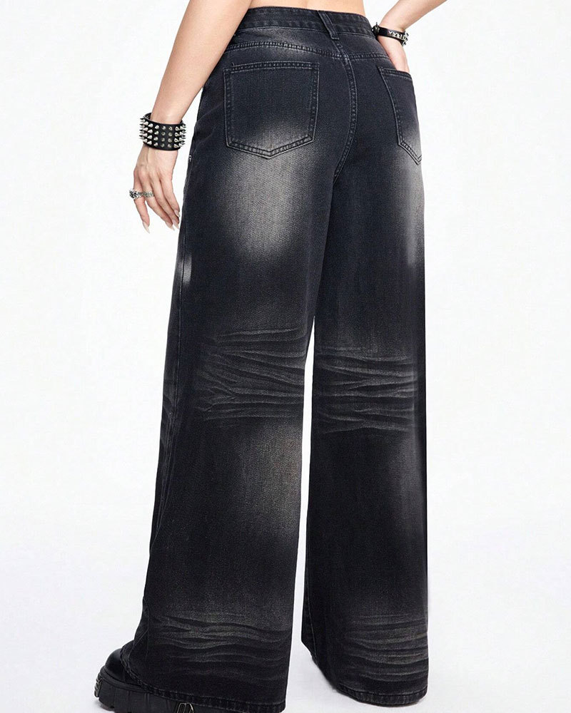 Vibecurve® Grunge Punk Women's Loose Fit Cross Patterned Pocket Flared Casual Jeans