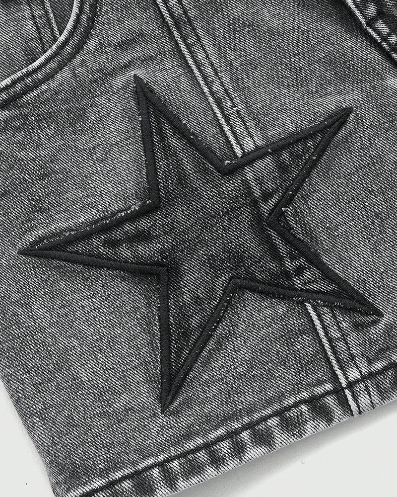 Vibecurve® Grunge Punk Free Punk Style Black Star Patch Embroidered Gray Cargo Pocket Women Denim Shorts