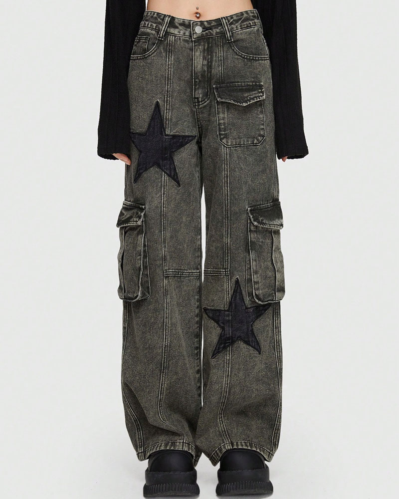 Vibecurve® Grunge Punk Star Print Flap Pocket Cargo Jeans