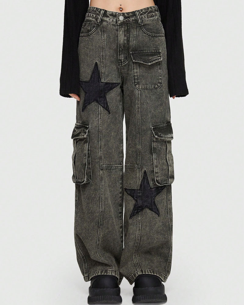 Vibecurve® Grunge Punk Star Print Flap Pocket Cargo Jeans