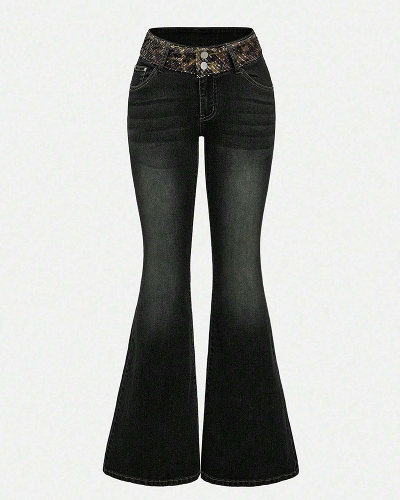 Vibecurve® Grunge Punk Y2K Retro Sexy Leopard Sequin Wing Rhinestone Decor Tight Fit Women Flare Jeans