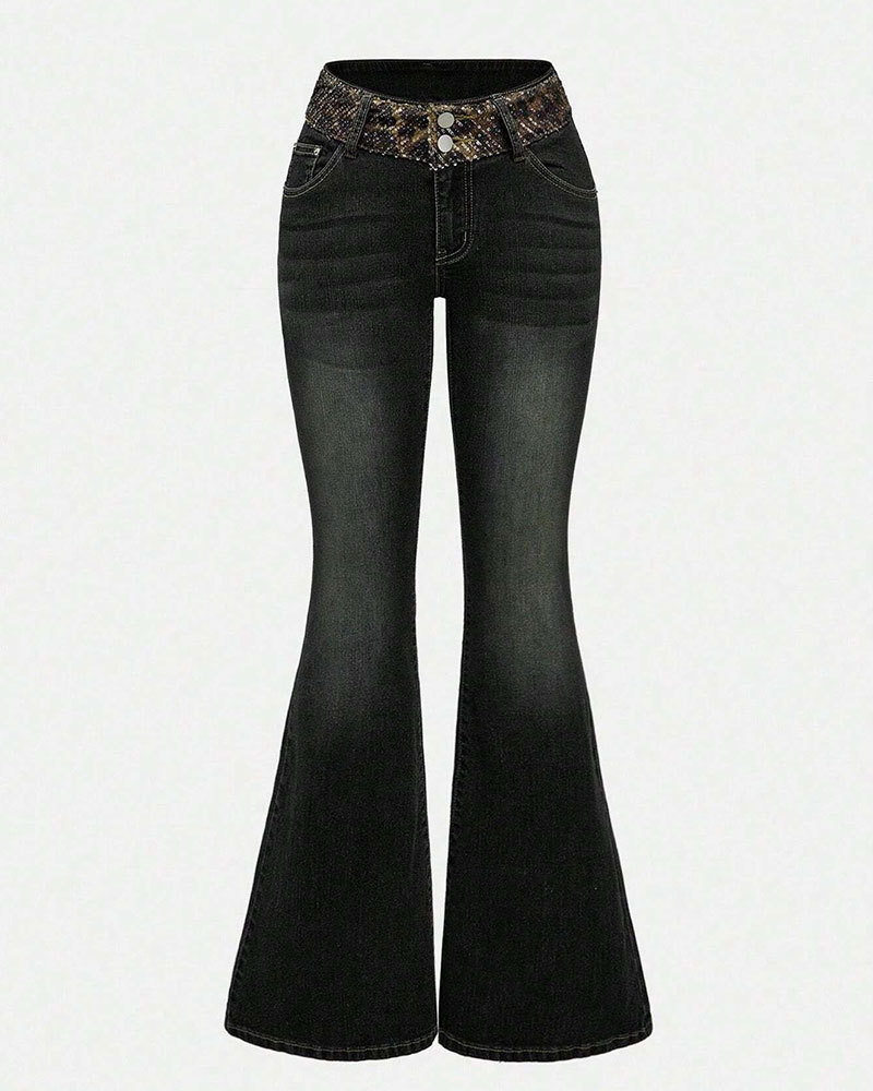 Vibecurve® Grunge Punk Y2K Retro Sexy Leopard Sequin Wing Rhinestone Decor Tight Fit Women Flare Jeans