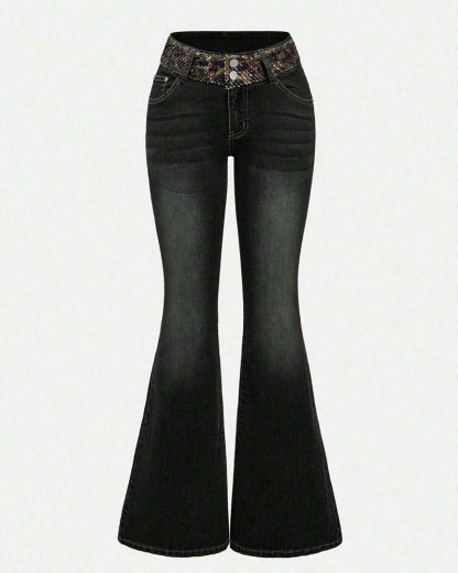 Vibecurve® Grunge Punk Y2K Retro Sexy Leopard Sequin Wing Rhinestone Decor Tight Fit Women Flare Jeans