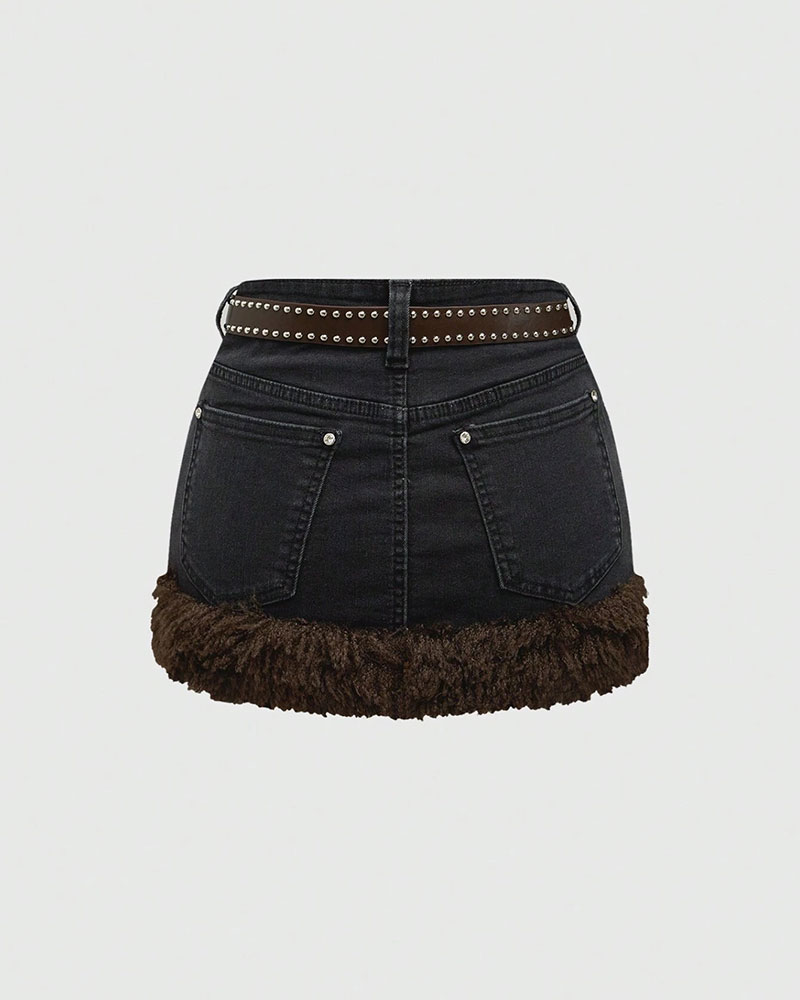 Vibecurve® J-Fashion Women's Y2K Leopard Print Rhinestone Skull Decor Denim Mini Skirt