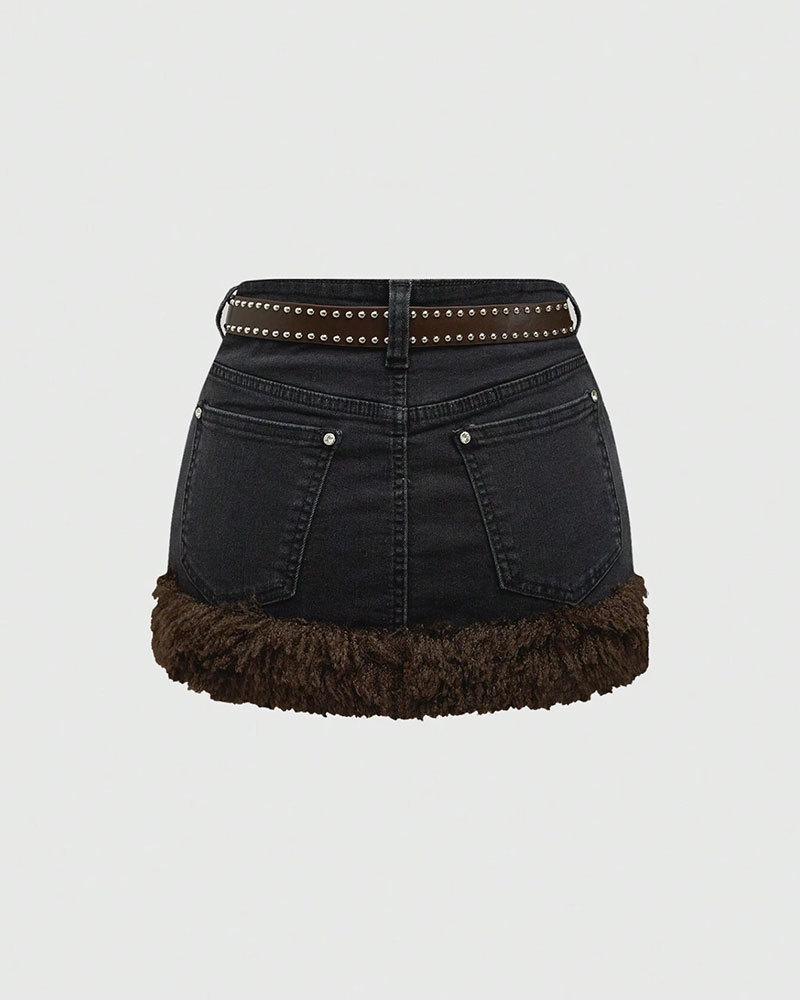 Vibecurve® J-Fashion Women's Y2K Leopard Print Rhinestone Skull Decor Denim Mini Skirt