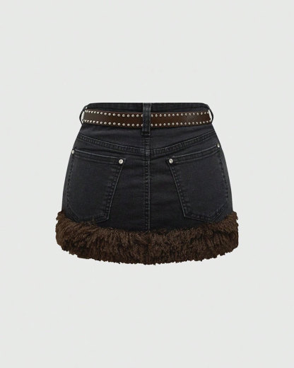 Vibecurve® J-Fashion Women's Y2K Leopard Print Rhinestone Skull Decor Denim Mini Skirt