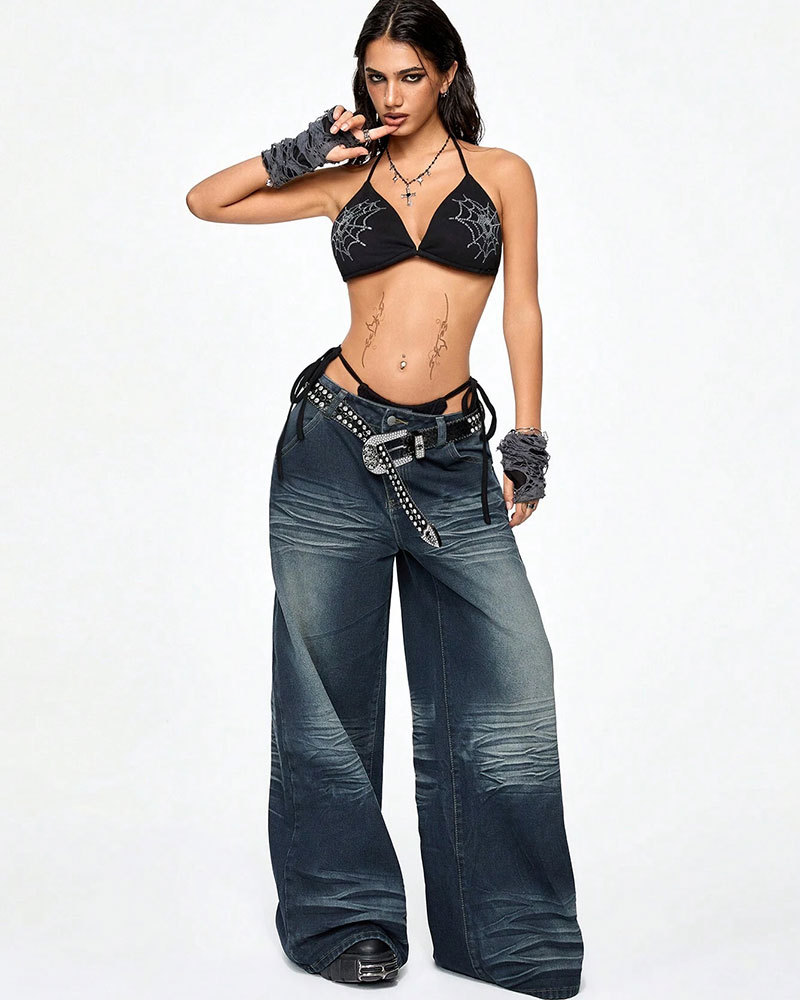 Vibecurve® Grunge Punk Women's Oversized Fit Back Pocket Embroidered Boy Friend Jeans