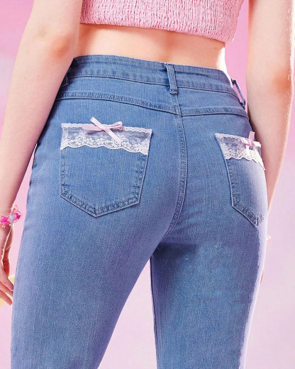 Vibecurve® Kawaii Bow Lace Trim Pocket Flare Leg Jeans