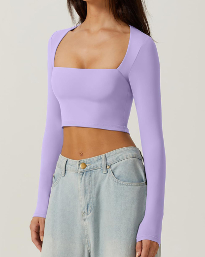 Vibecurve® Women's Sexy Square Neck Cropped Tops Long Sleeve Slim Fit Cropped T-Shirt