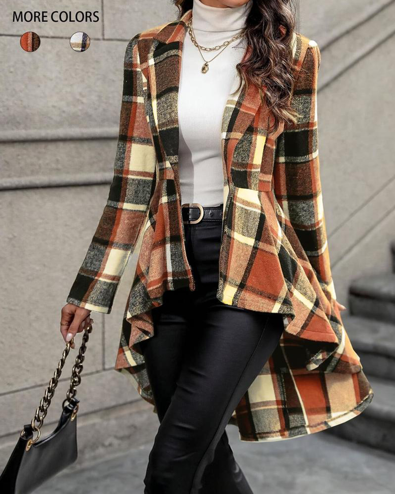 Vibecurve® Women's Plaid Print Button High Low Hem Jacket