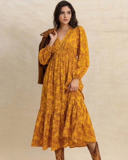 Vibecurve® Floral Print Contrast Lace Long Sleeve Ruffle Hem Dress