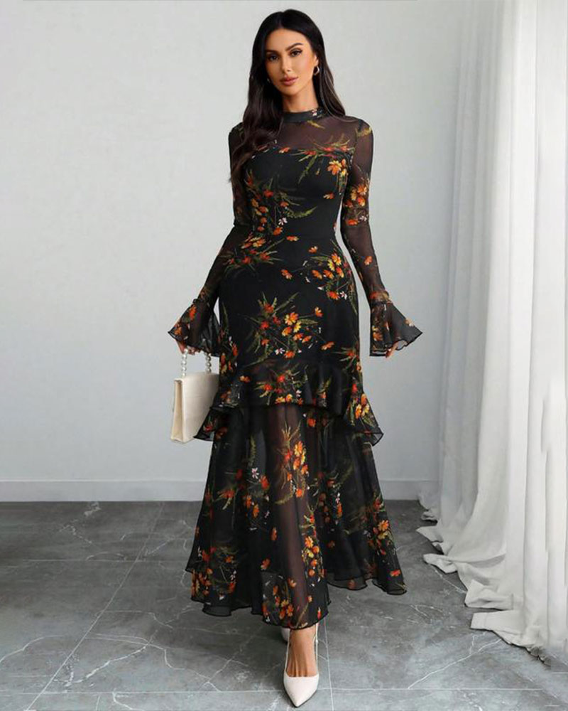 Vibecurve® Floral Print Dress, Elegant Gothic Long Sleeve Dress for Party