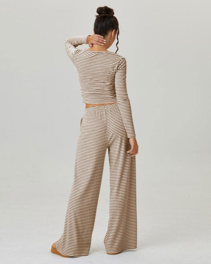 Vibecurve® Slouchy Square Neck Stripe Long Sleeve Crop Top & Low-Rise Wide Leg Trousers Co-ord