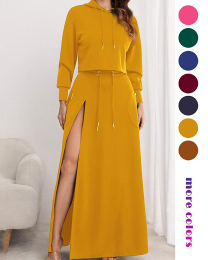 Vibecurve® Women's Solid Drawstring Hoodie & Split Thigh Skirt Set