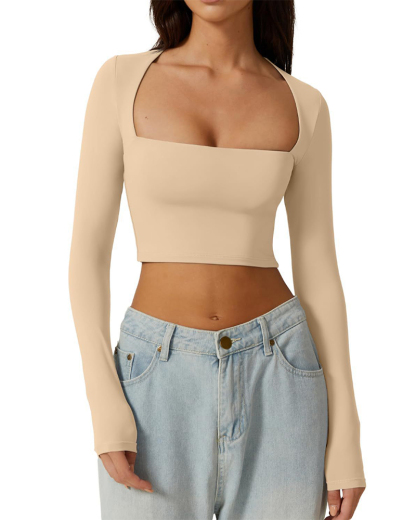Vibecurve® Women's Sexy Square Neck Cropped Tops Long Sleeve Slim Fit Cropped T-Shirt