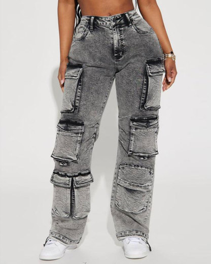 Vibecurve® High Rise Stretch Cargo Jeans - Acid Wash Grey