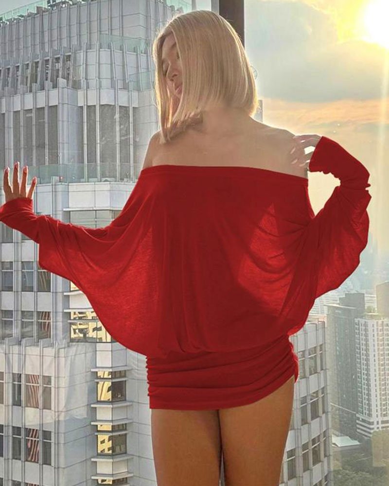 Vibecurve® Women's Solid Off The Shoulder Sheer Ruched Dress