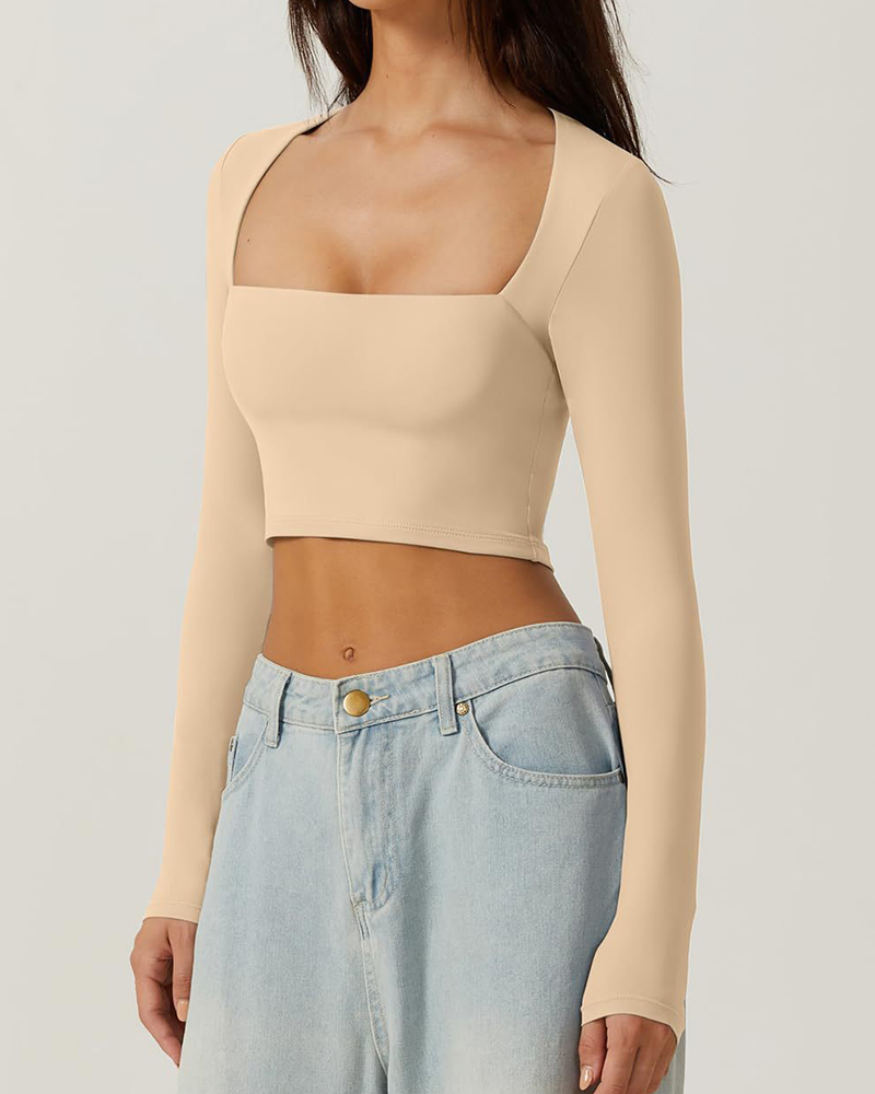 Vibecurve® Women's Sexy Square Neck Cropped Tops Long Sleeve Slim Fit Cropped T-Shirt