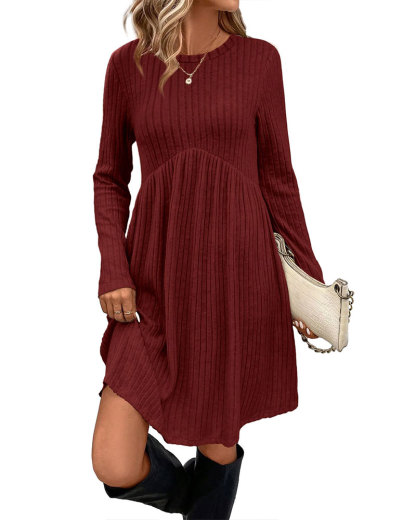 Vibecurve® Long Sleeve Dress for Women Crew Neck Empire Waist Tunic Dress with Pockets