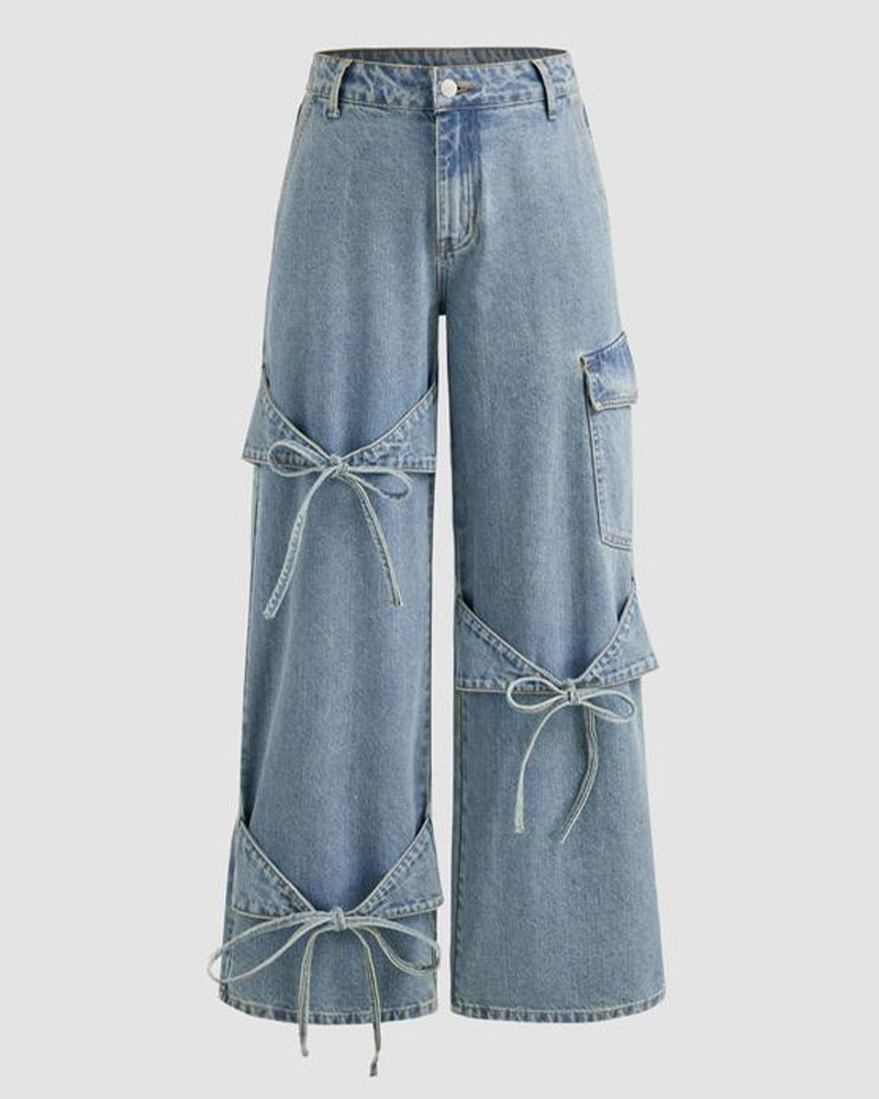Vibecurve® Mid Rise Solid Bowknot Pocket Wide Leg Jeans