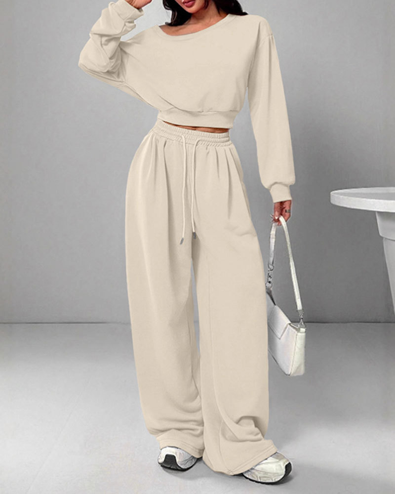 Vibecurve® Leisure Solid Color Sloping Shoulder Long Sleeve Top & Wide Leg Trousers Co-ord