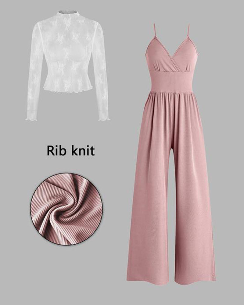 Vibecurve® Women's Solid Color Lace Tee & Pocket Jumpsuit Two-piece Set