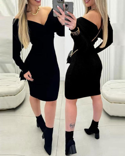 🔥Vibecurve® Women's Off Shoulder Slim Fit Knit Long Sleeve Dress Bodycon Sweater Dress