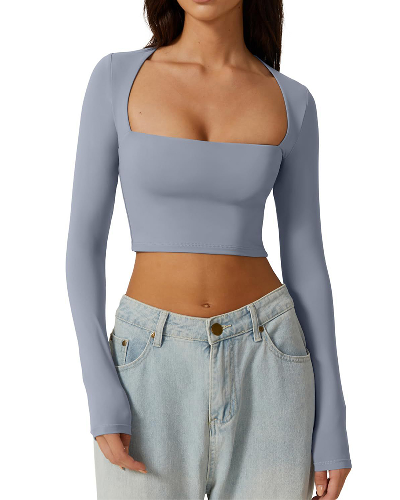 Vibecurve® Women's Sexy Square Neck Cropped Tops Long Sleeve Slim Fit Cropped T-Shirt