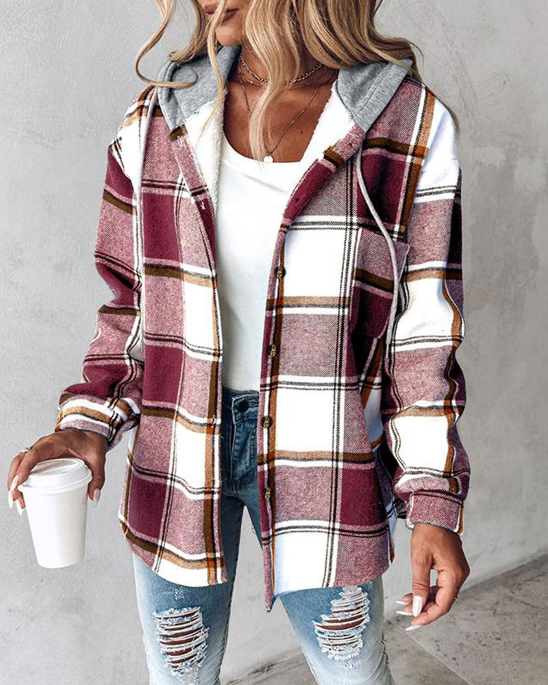Vibecurve® Plaid Pattern Long Sleeve Shacket Button Down Fleece Lined Hooded Jackets Warm Coat