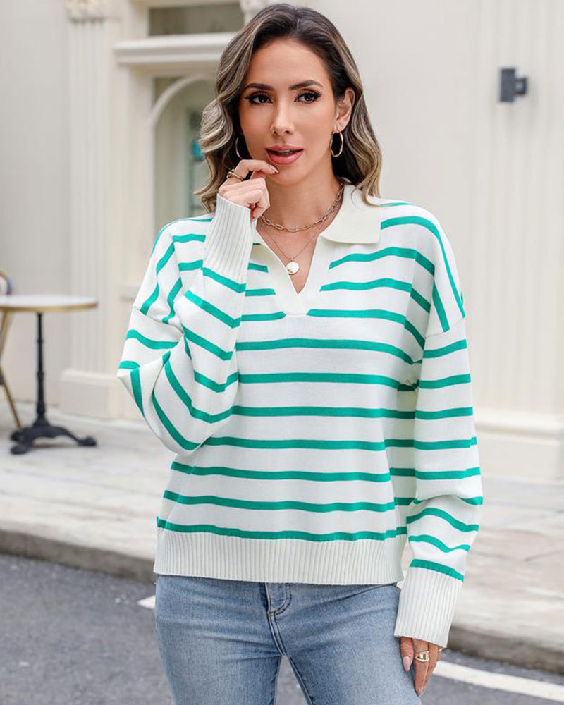 Vibecurve® Women's Knitting Pullovers Striped Casual Comfort Basic Long Sleeve V-Neck Sweater