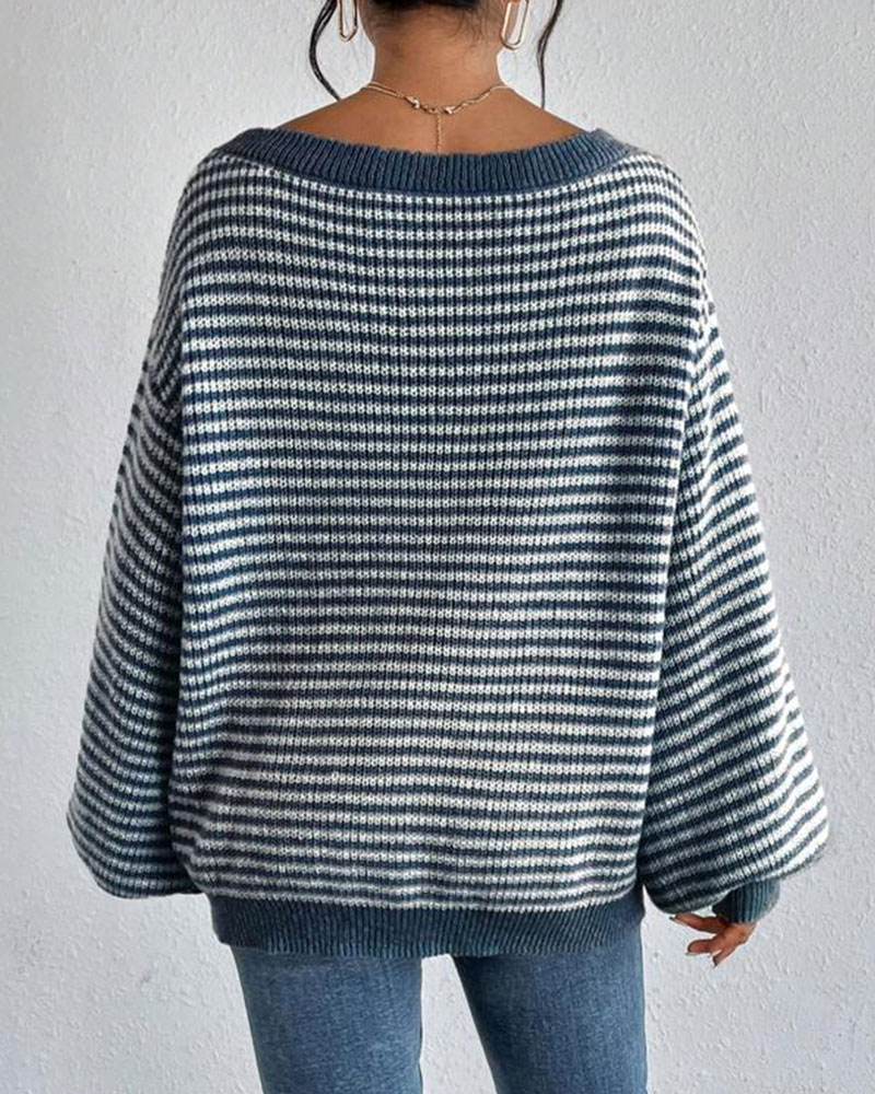 Vibecurve® Women's Striped Drop Shoulder Sweater, Casual Bishop Sleeve Boat Neck Jumper