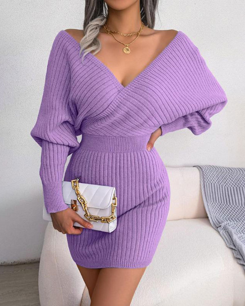 Vibecurve® Women's Plain Wrapped V Neck Leg-of-mutton Sleeve Sweater Dress