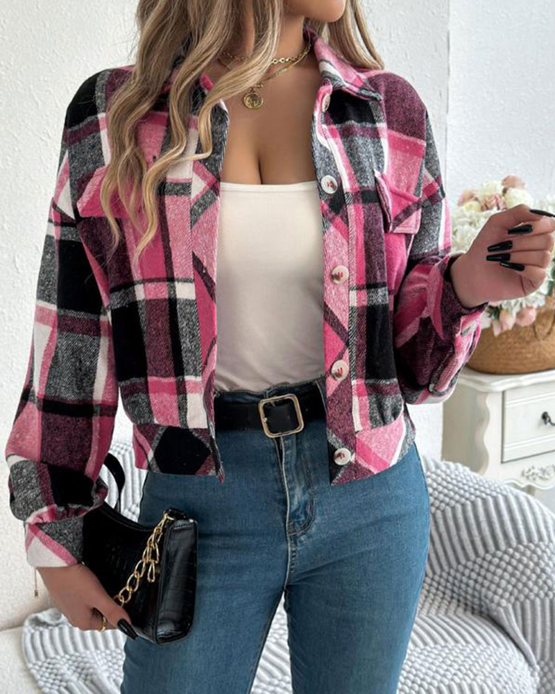 Vibecurve® Women's Chic Plaid Print Button Front Drop Shoulder Jacket