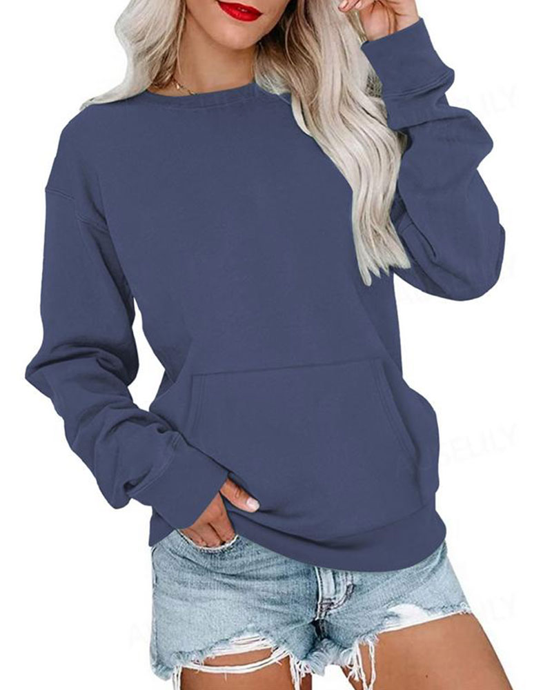 Vibecurve® Women's Crewneck Hoodless Sweatshirt With Kangaroo Pocket
