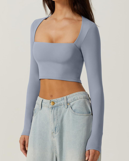 Vibecurve® Women's Sexy Square Neck Cropped Tops Long Sleeve Slim Fit Cropped T-Shirt