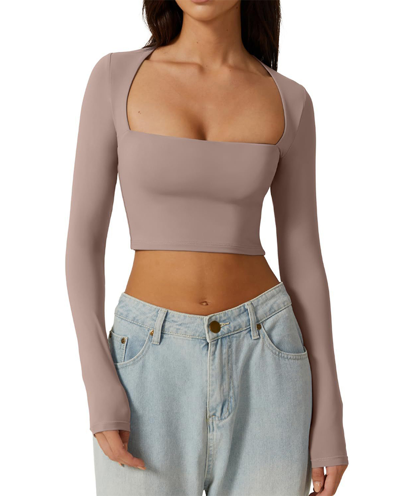 Vibecurve® Women's Sexy Square Neck Cropped Tops Long Sleeve Slim Fit Cropped T-Shirt
