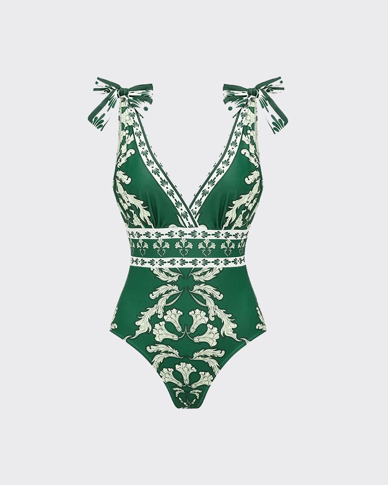 Vibecurve® V Neck Lace Up Printed One Piece Swimsuit and Skirt